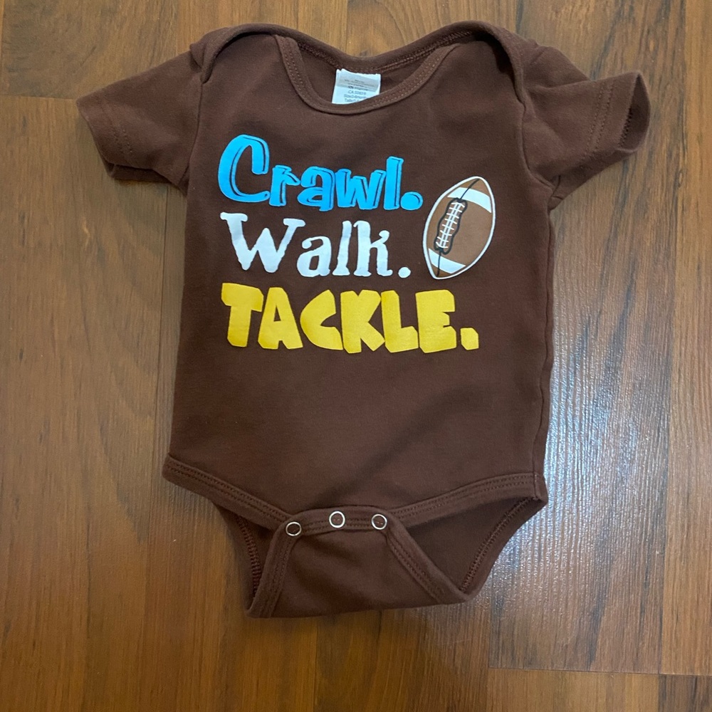 Baby One Piece Crawl Walk Tackle Top Diaper Shirt 0-6 Months Brown Football